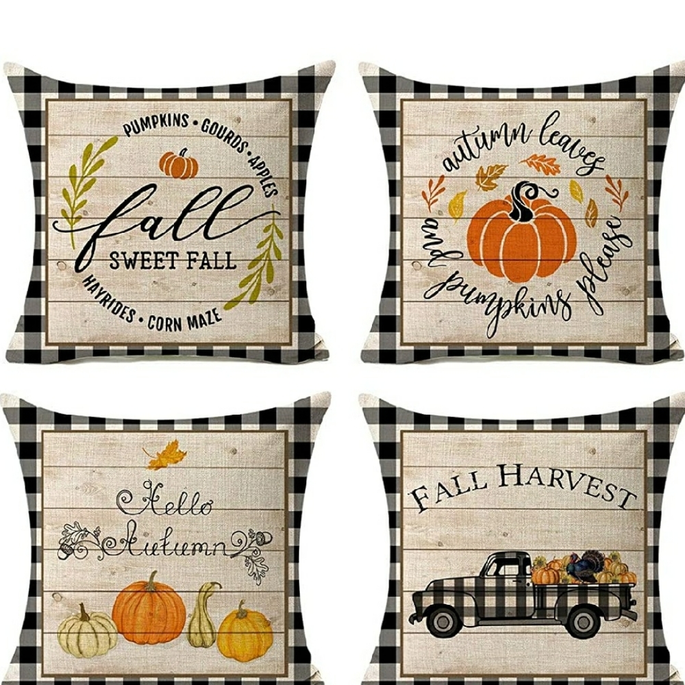 Fall Pumpkin Harvest Plaid Throw Pillow Covers